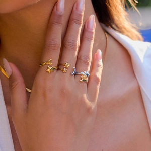 Minimalist celestial star and moon titanium steel open rings in gold and silver finish