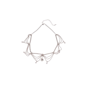 Elegant multi-layer tassel necklace with pearls, water drop pendant and silver rhinestones