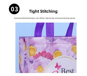 Detail of high-density reinforced stitching on floral non-woven gift bag with purple handle