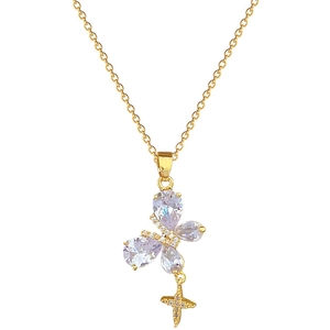 Luxurious gold titanium steel necklace with sparkling butterfly zircon and cross pendant