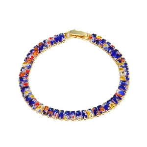 Colorful floral millefiori bracelet with gold plating and blue cubic zirconia accents