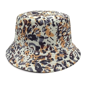 Detailed view of camouflage bucket hat with leopard print and reinforced brim stitching