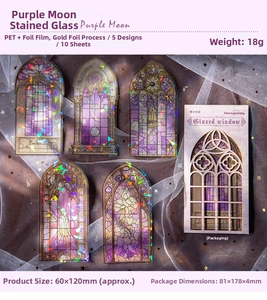 Macro detail of Gothic stained glass PET stickers with gold foil and holographic finish