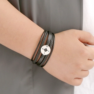 Men's multilayer black braided leather bracelet with a round metal compass charm