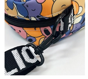 Detail of cartoon rabbit print fabric with durable plastic zipper and nylon strap