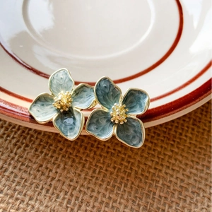 French vintage S925 silver needle blue flower stud earrings with gold enamel finish