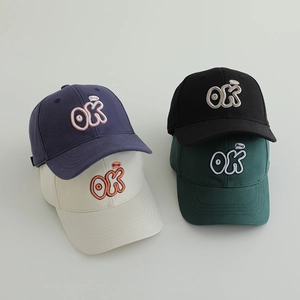 Kids' cotton baseball cap with OK embroidery in navy, beige, black, and dark green colors