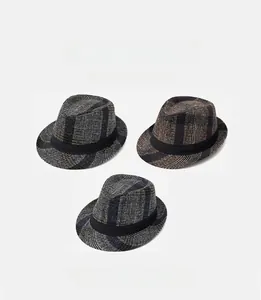 Three men's vintage plaid fedora hats with black decorative bands in grey and brown tones