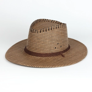 Close-up of woven straw cowboy hat featuring metal air vents and decorative rope band