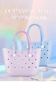 Detailed view of purple and light blue EVA beach bags with perforated dopamine style