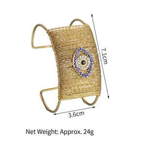 18K gold-plated titanium steel evil eye woven cuff bracelet with bohemian wrap design