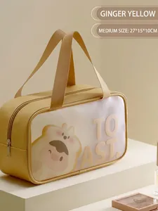 Waterproof ginger yellow PU leather toiletry bag with cartoon design and clear panel