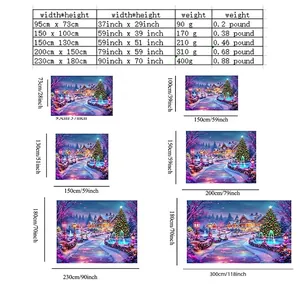 Christmas wall tapestry size chart showing dimensions from 95x73cm up to 230x180cm