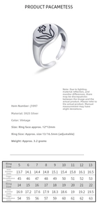 Detailed size chart for vintage S925 silver flower ring showing diameters and circumference