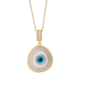 18K gold plated copper necklace featuring a blue evil eye teardrop pendant with white zircons