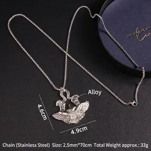 Vintage stainless steel flying eagle pendant necklace with detailed silver feather texture
