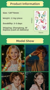 Detailed view of luminous cartoon watch stickers for kids featuring mermaid and unicorn themes