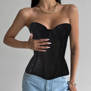 Slim fit black glitter corset top with fishbone structure and strapless bustier design