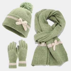 Winter Knit Beanie Hat Scarf And Gloves Women Warm Pom Pom Bow Decorative Stripes Touchscreen Soft Acrylic Thick