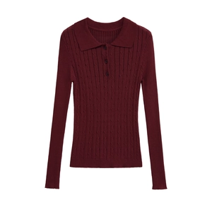 Classic burgundy polo neck knit sweater with ribbed texture and long sleeves