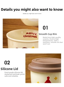Detail of Santa ceramic mug with rounded rim and brown food-grade silicone lid