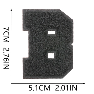 Detailed view of black chenille letter B embroidery patch with dimensions 7cm by 5.1cm