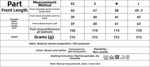 Size chart and fabric details for women's beaded shirt showing measurements and materials