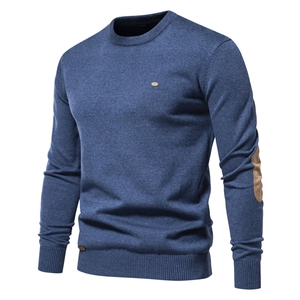 Men's navy crew neck knit sweater with brown elbow patches and ribbed cuffs