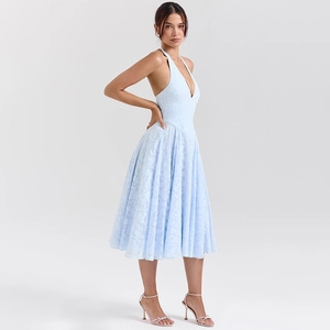 Elegant light blue halter neck V-neck evening dress with floral jacquard texture
