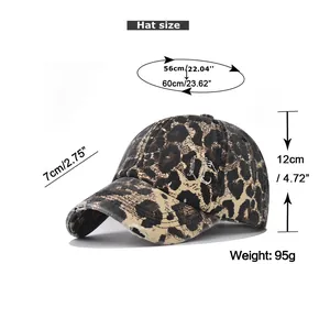 Size chart showing leopard baseball cap dimensions: 56-60cm circumference, 7cm brim, 12cm height