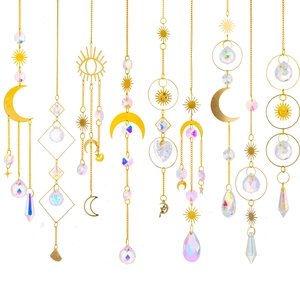 Crystal Suncatcher Hanging Ornament Brass Metal Celestial Sun Moon Star Rainbow Maker Window Garden Boho Home Decor