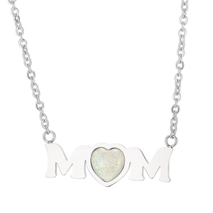 Silver stainless steel MOM heart opal pendant necklace for women on white background