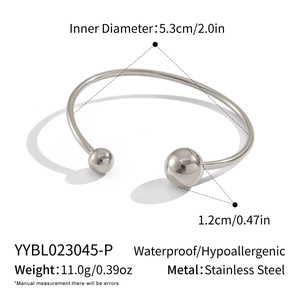 Technical size chart for silver stainless steel open cuff bracelet with double ball design