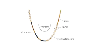 Detail view of bohemian freshwater pearl necklace with length and bead size measurements