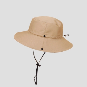 Detail of light khaki outdoor sun hat featuring adjustable drawstring and precise stitching