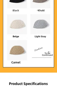 Flat lay display of warm knitted bucket hats in five neutral colors with textured patterns