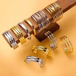 Polished 18K gold and silver stainless steel bamboo stripe cuff bracelets for women