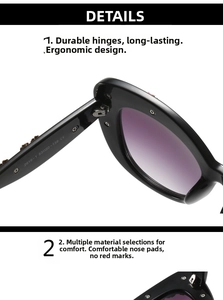Detail of durable metal hinges and comfortable nose pads on baroque fashion sunglasses