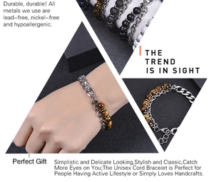 Detail of lead-free and hypoallergenic stainless steel men's tiger eye stone bracelet
