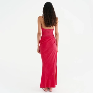 Elegant red backless halter satin maxi dress with a sleek sleeveless silhouette for women
