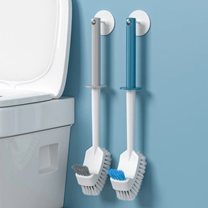 Scopini per WC a parete grigi e blu con manici ergonomici e ganci di supporto bianchi
