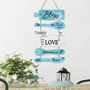 Blue ocean-themed wooden kitchen wall plaques set with blessings and twine hanging cords