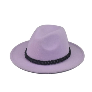 Detail of light purple wool fedora hat with a flat brim and black chain accessory