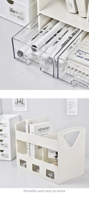 Close-up of white desk organizer with transparent drawers for stationery storage