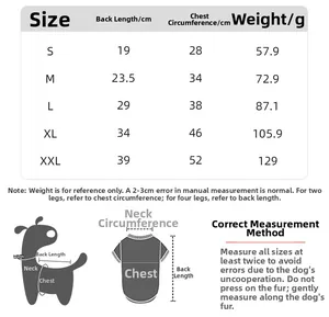 Size chart for small pet denim jumpsuit covering S to XXL measurements and measuring guide