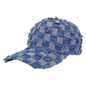 Vintage checkered denim baseball cap in blue and white with distressed fringe edges