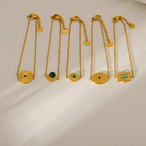 French vintage style gold plated stainless steel bracelets with natural green turquoise pendants