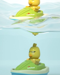 Waterproof floating yellow duck on motorboat toy showing surface and underwater views
