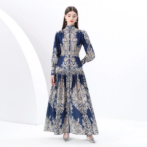 Vintage Paisley Print Stand Collar Maxi Dress Long Lantern Sleeve Elegant Retro Polyester Longline Gown For Women