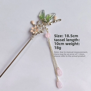 Detail view of vintage green dragonfly hair pin with tassel and size measurements